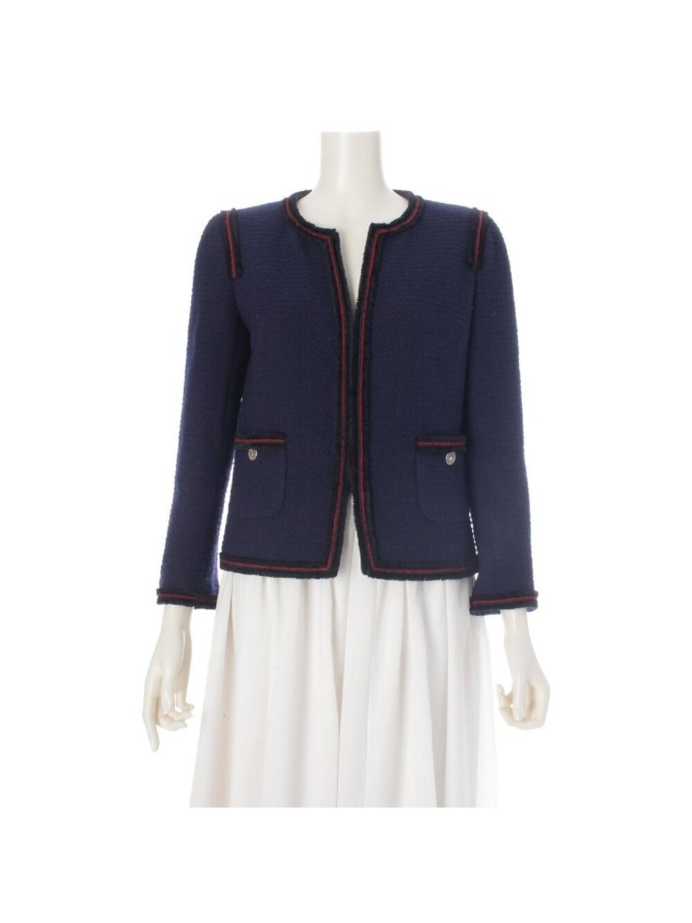 Chanel Wool Tweed Coco Buttons Piping Collarless Jacket Navy 36